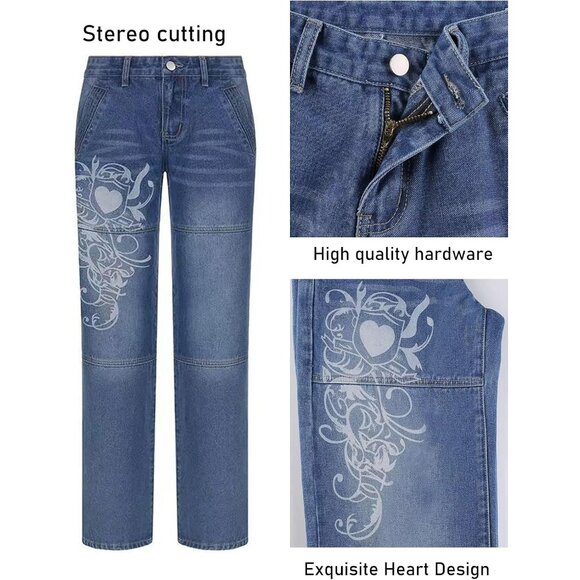 Women's Wide Leg Denim Cargo Pants Low Rise Heart Pattern Baggy Jeans - Picture 5 of 7